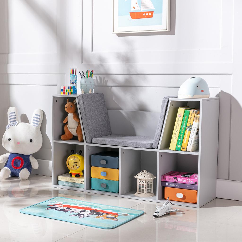 2-in-1 Children's Shelf, Shelf + Bench incl. Cushion, 103 cm x 30 cm x 62 cm, White + Gray