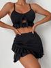European and American Women's Fashion Solid Bikini Set 3 Pieces Swimwear Set Padded Ruffled Knot Top Briefs Ruffled Skirt Swimsuit Modest Bathing Suit