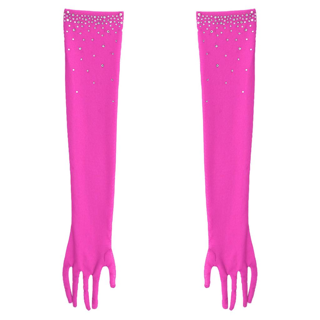 Girls Five Finger Mesh Gloves Glittery Rhinestones Design Full Length Latin Dance Performance Accessories