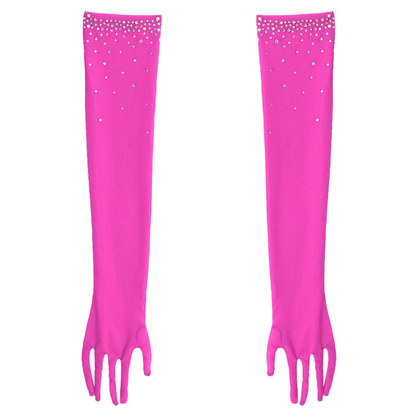 Mănuși de plasă cu cinci degete pentru fete, design strălucitor cu pietre, lungime completă, accesorii de performanță pentru dans latino 7-8 Years culoare roz cald