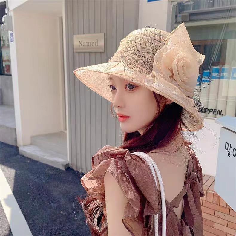 

Летние шляпы для женщин, органза, цветок, сетка, солнцезащитная шляпа, пляжная шляпа для отдыха, широкополая шляпа, защита от солнца M（56-58cm） легкие хаки