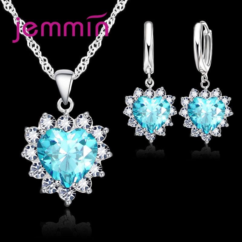 Top Sale Wding Engagement Anniversary Gift Zircon Sets 925 Copper Color Stamped Heart Pendant Hoop Earrings for Women Girls