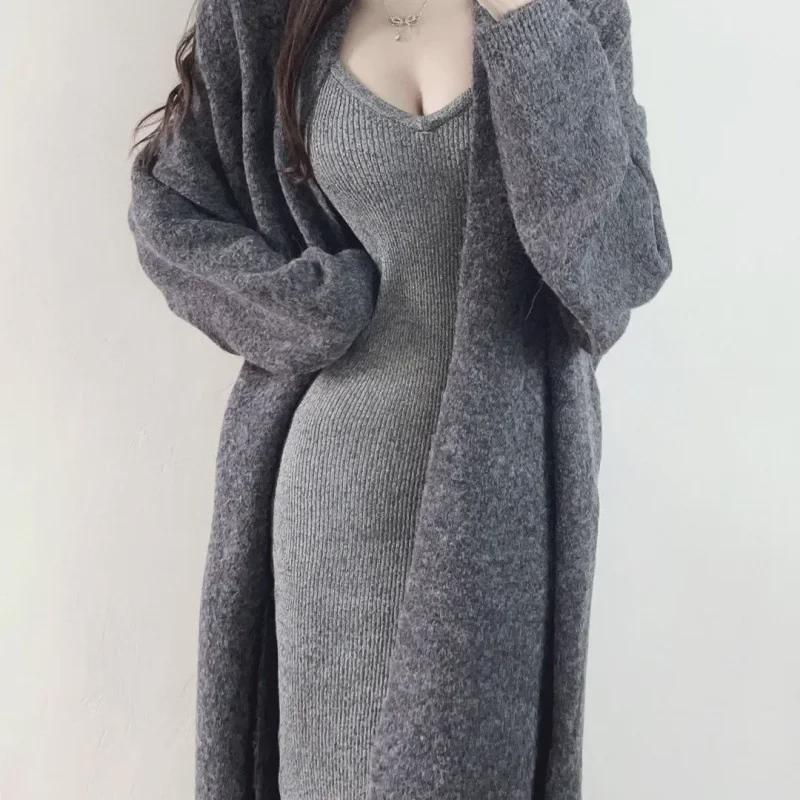 Women's 2024 Spring/Autumn Sexy Sweater Coat & Slimming Suspender Dress Set