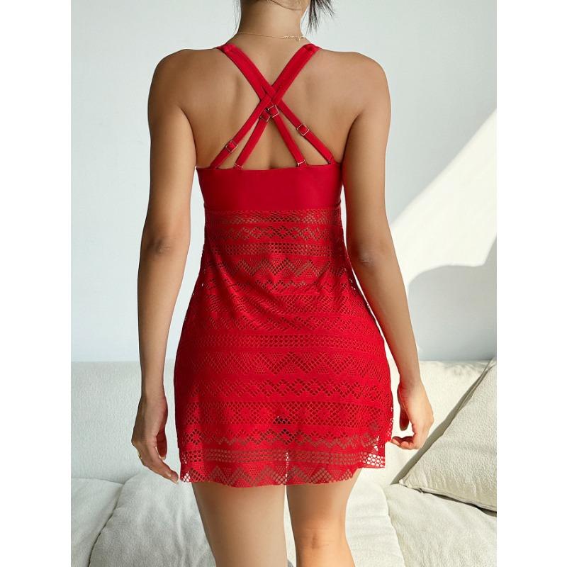 Solid Color Women's Red Lace Crochet Swimdress - One Piece Skirted Bathing Suit