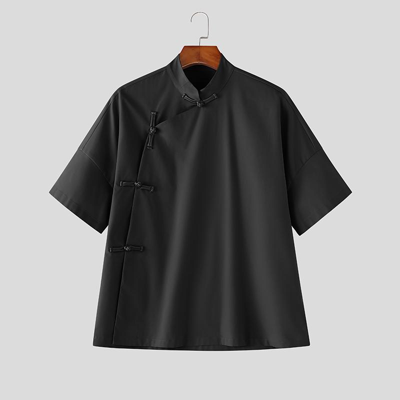 INCERUN Summer Men Stand Neck Short Sleeve Side Buttons Casual Vintage Shirts Tops