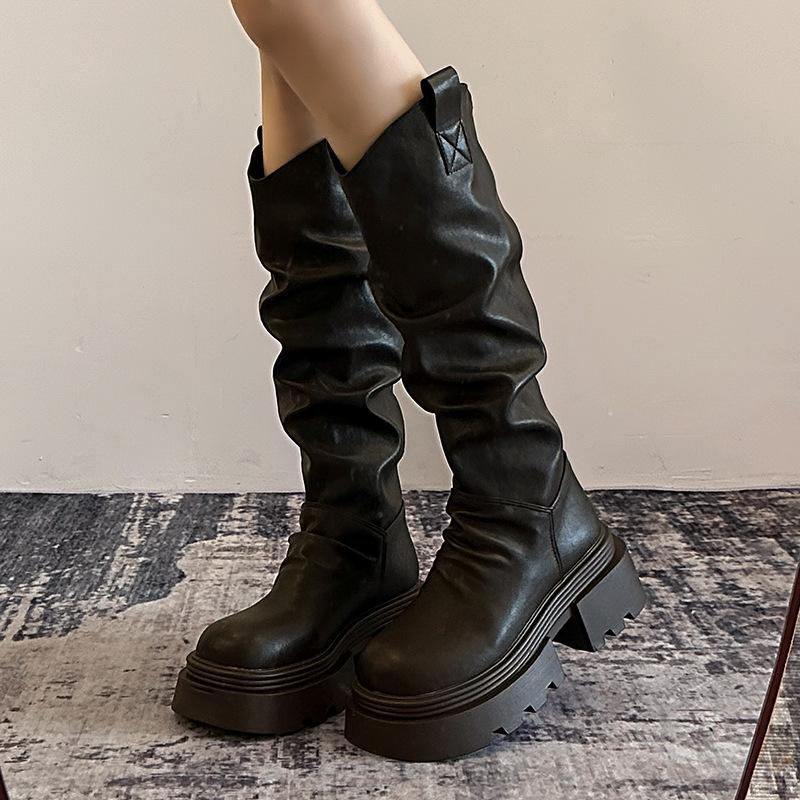 Podzim Zima Platforma Silná Podrážka Dámské Dlouhé Kozačky Módní Nazouvací Boty Vintage Dámské Rytířské Boty