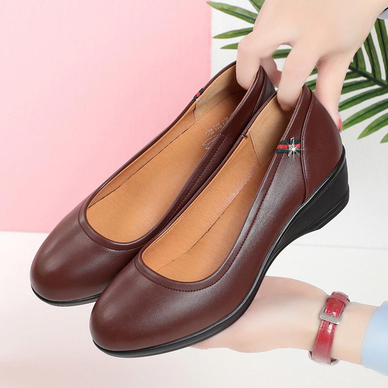 Soft leather soft sole single shoes women's round head low heel, non-slip, wear-resistant, comfortable and versatile work women's shoes