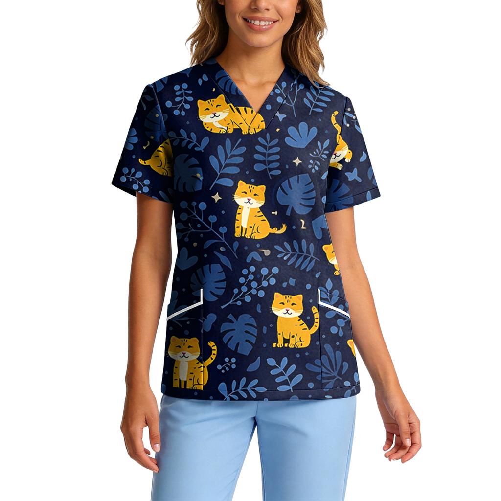 Top de Trabalho Feminino com Gola V de Manga Curta, Stretch e Secagem Rápida, com Estampa Animal e Bolsos