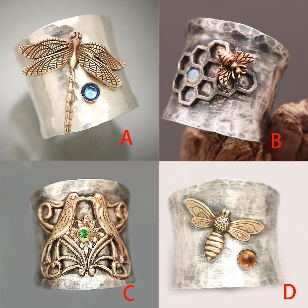 

Vintage Carved Gold-Tone Dragonfly & Bird Ring: European & American Design Size 11