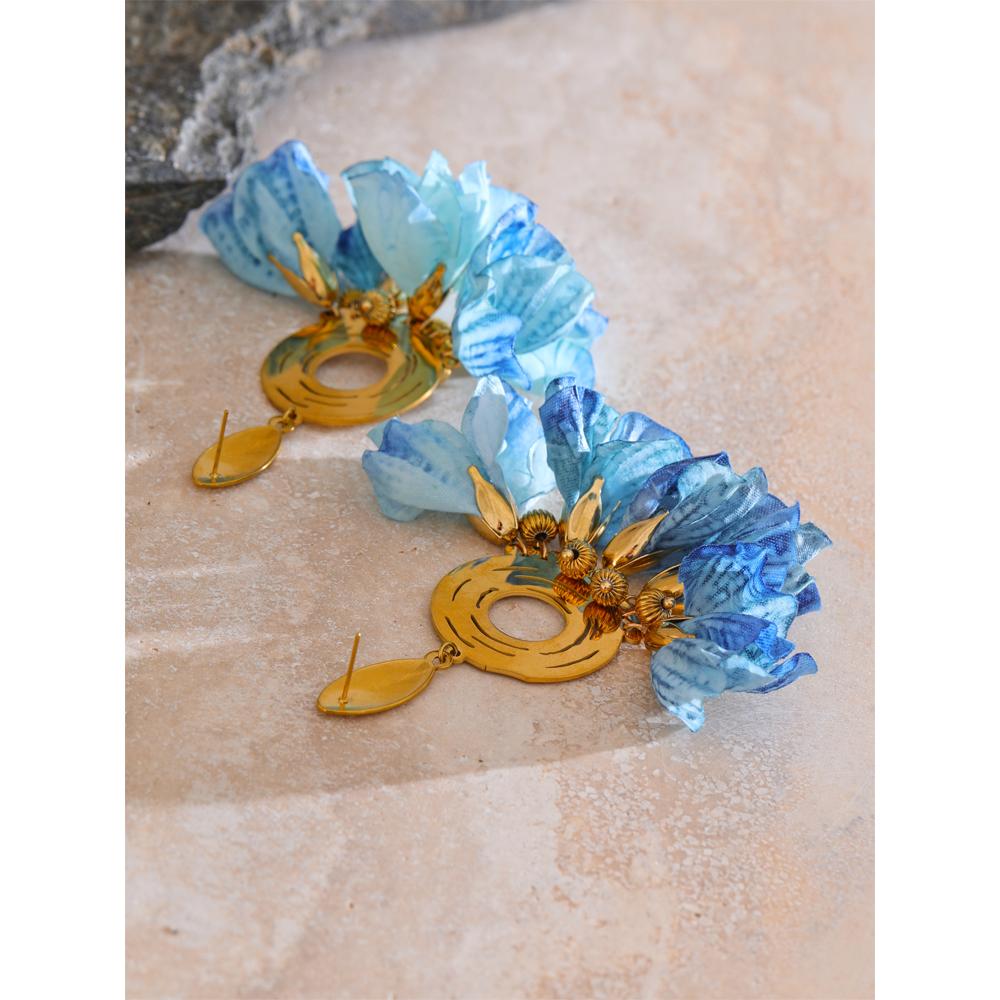 Eetit Spring Summer Fashion Bohemian Blue Cloth Flower Drop Earrings Exclusive Stainless Steel Handmade Fairy Jewelry