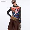 HeyHenry Damen Slim Fit Langarm-T-Shirt Mit Katzen-Print Polka-Dot Design Streetwear Lässiges Oberteil