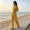 Women Loose Fitting Rompers V Neck Long Sleeves Jumpsuit, Collared One Piece Romper with Wide Leg Pants Belt, Solid Color Dressy Casual Fall Outfits