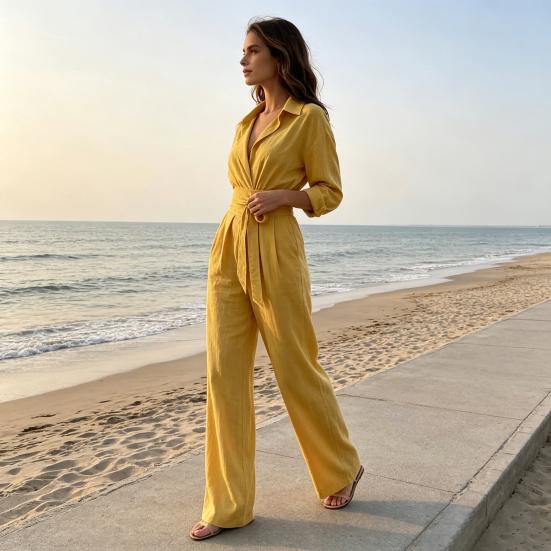Women Loose Fitting Rompers V Neck Long Sleeves Jumpsuit, Collared One Piece Romper with Wide Leg Pants Belt, Solid Color Dressy Casual Fall Outfits