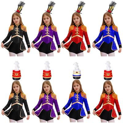 Girls Circus Drummer Costume Long Sleeve Sequined Bodysuit Fringe Epaulet Shoulder Mini Top Hat Accessory