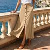 Women's High Waist Button-Front A-Line Maxi Skirt Color Flattering Drape for Casual Wear