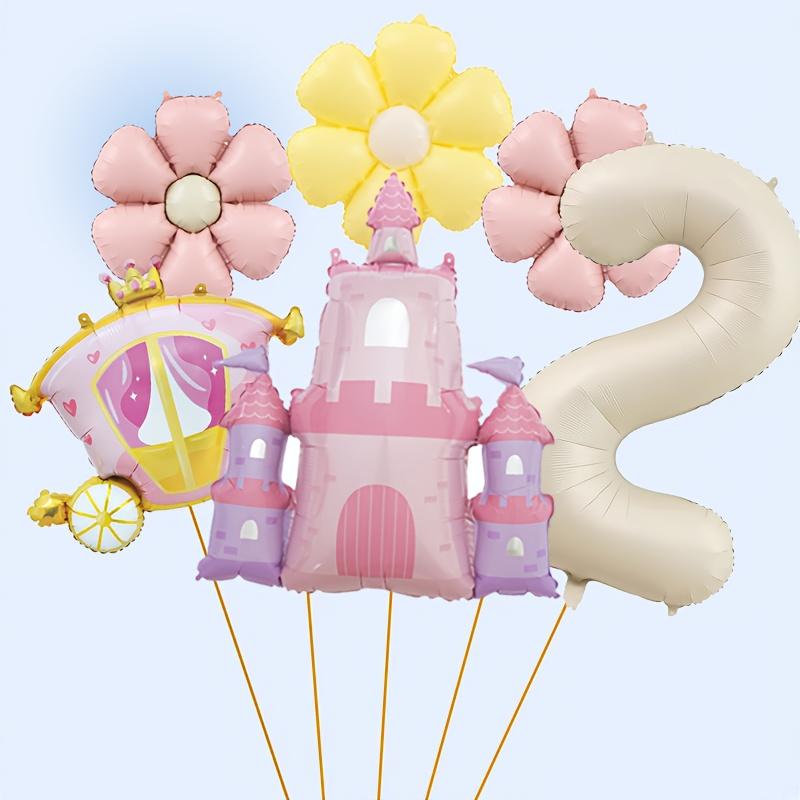 6pcs Castle Princess Carriage-Shaped Aluminum Foil Balloon 40 Inch Cream White Number 1-9 Balloon Set Birthday Party Decoration