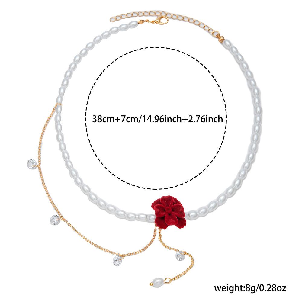 Japan and Korea fashion flower imitation pearl necklace, retro rhinestone bow temperament collarbone chain women's jewelry
