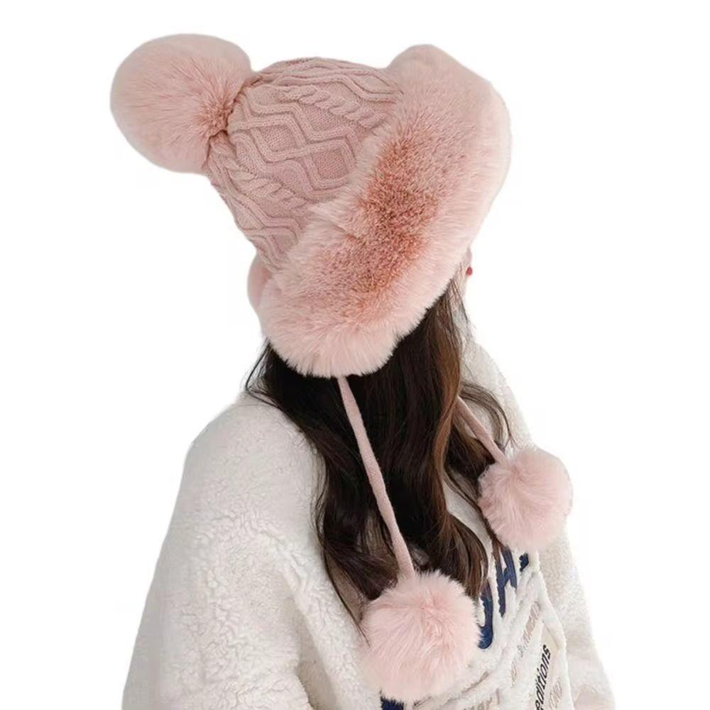 Keep Warm Ear Protection Hat Faux Fur Winter Plush Hat Cute Knitted Beanie  Female/Girls