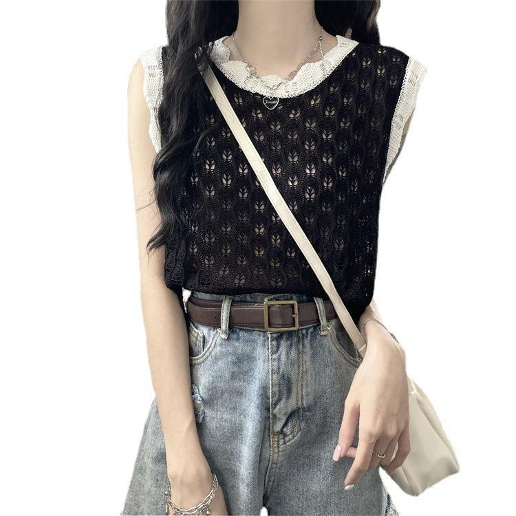 Hollow Sleeveless Vest for Women Niche Color Blocked Loose Knitted Vest Top
