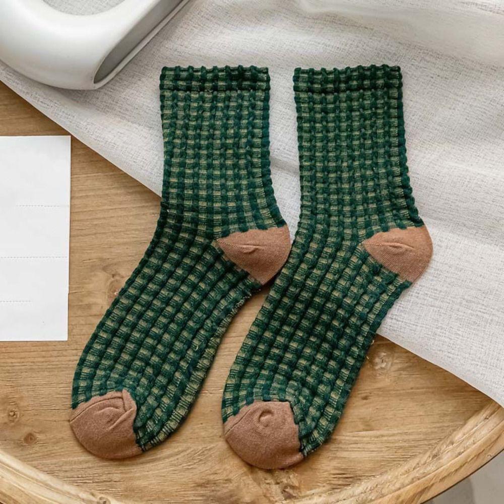 5Pairs Patchwork Checkered Cotton Socks Elastic Grids Socks Cozy Women Tube Sock  Gift