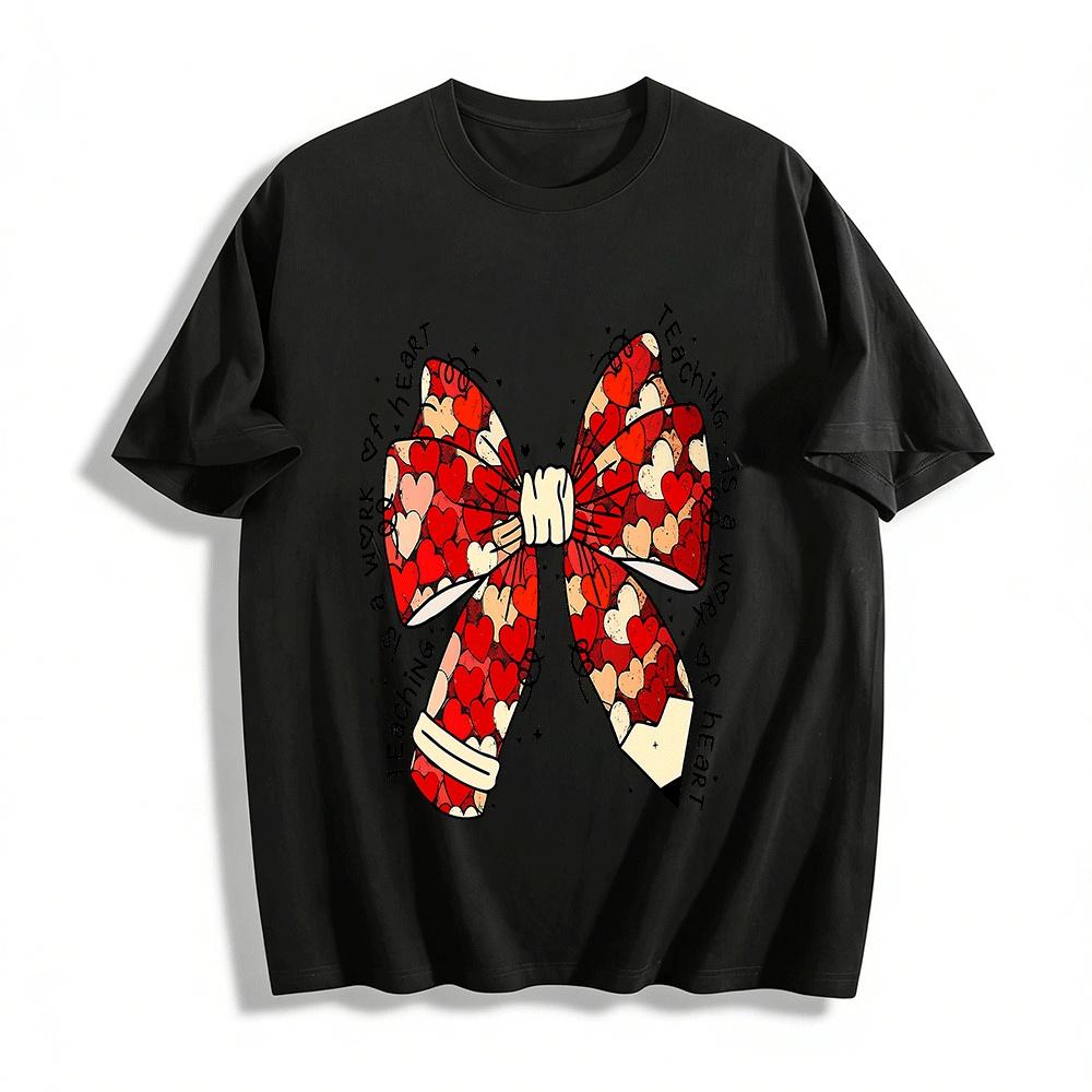 Teaching Is A Work Of Heart Bow Print Teacher Top Pure cotton T-shirt XXS