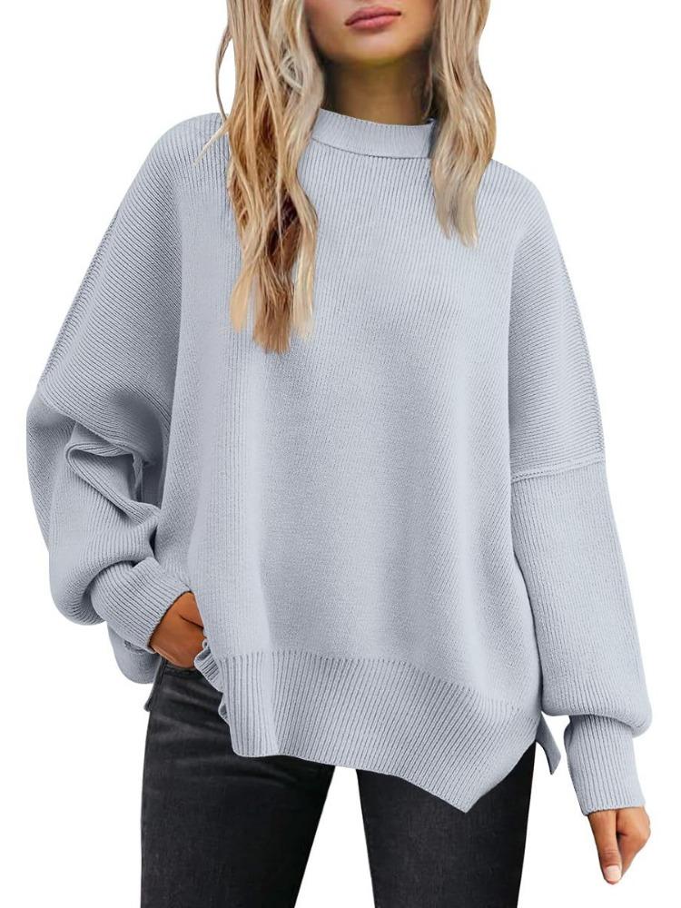 Women's Round Neck Batwing Sleeve Long Sleeved Ribbed Knit Sweater with Side Slit Pullover Luxurious Relaxed-fit Slimming and Versatile Top