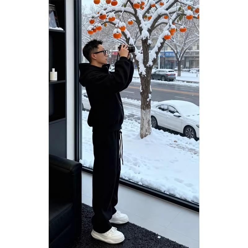 Men's Casual Tracksuit Set Hooded Full Zip Long Sleeve Hoodie Drawstring Waist Pants Solid Color