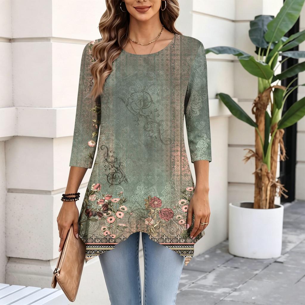 Women's Fashion Casual Three-Quarter Sleeve Pullover Top for Everyday Wear