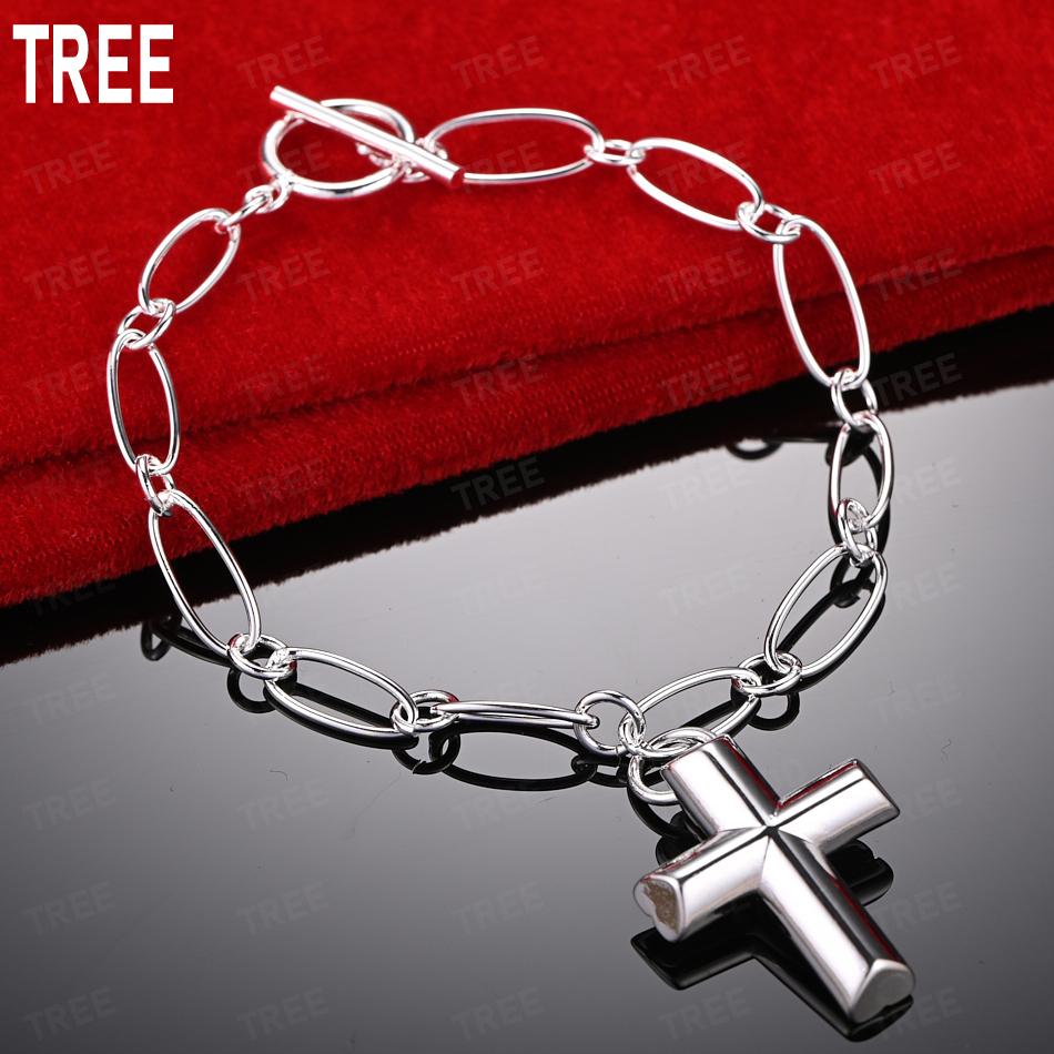 925 Sterling Silver Simple Three-Dimensional Powerful Cross Bracelet Gift Jewelry 20CM
