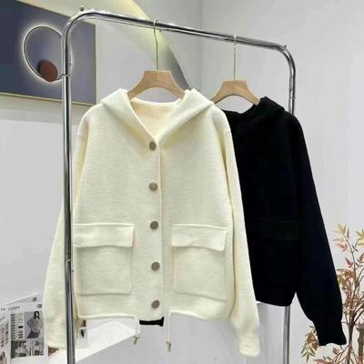 Imitation Double-sided Woolen Sweater Autumn New Single-breasted Short Cardigan Hooded Square Pocket Top Coat Women