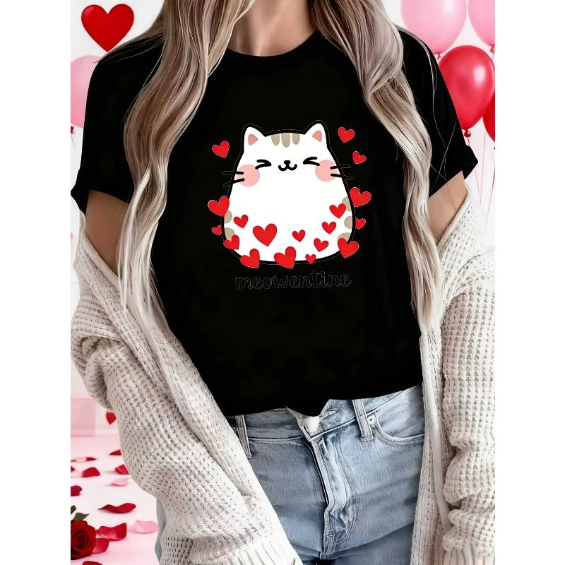 

European Size Valentine s Day Limited Edition Women s T-Shirt | Cartoon Cat Heart Print Crew Neck T-Shirt, Spring/Summer Casual Short 4XL