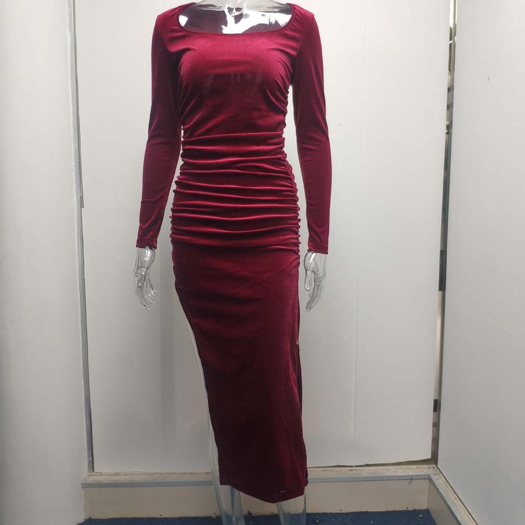 New Women's Elegant Sexy Square Neck Ruched High Waist Bodycon Split Dress Temperament Sexy Square Collar Retractable Small Dress