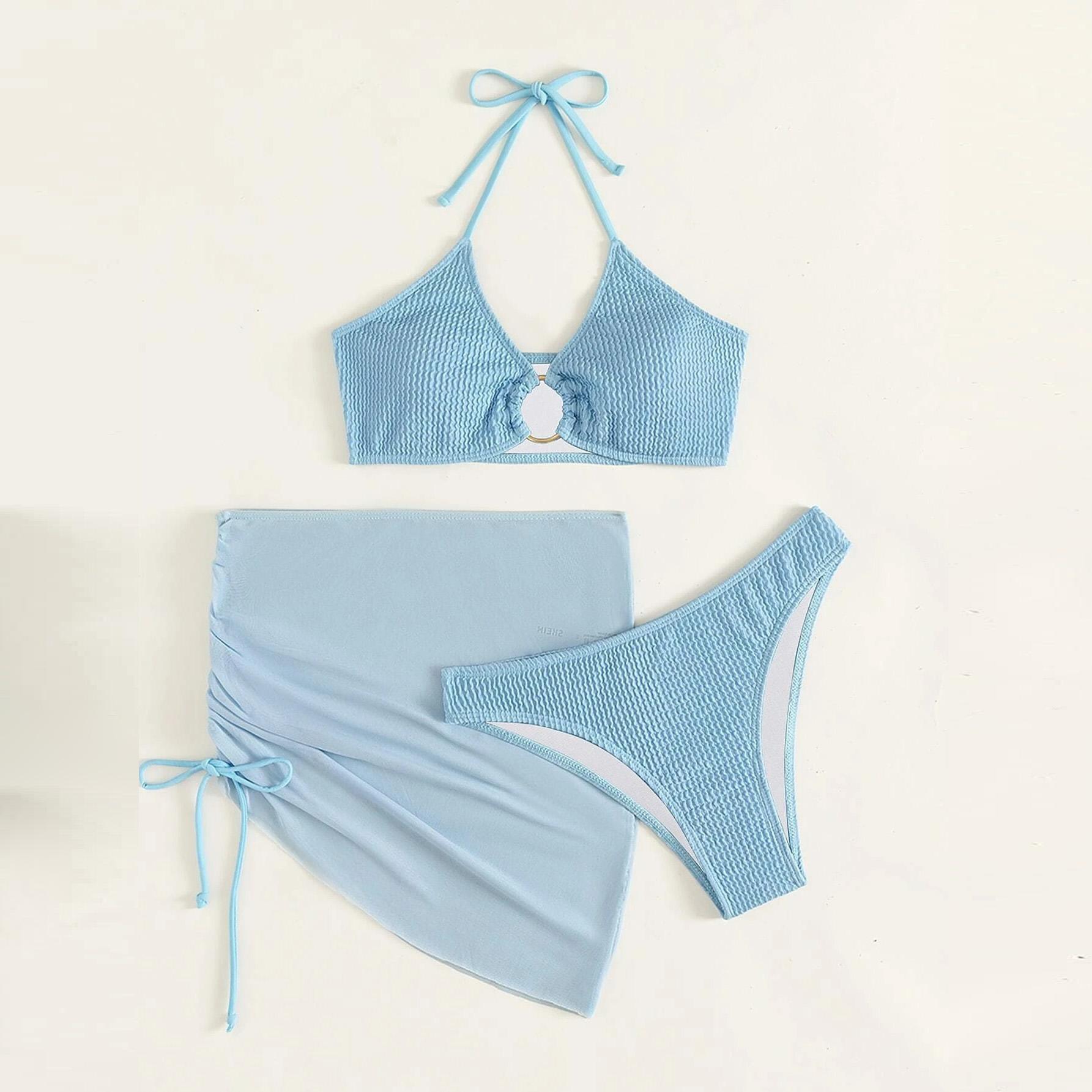 

Купальник женский, разделенный, комплект из трех предметов, однотонный, с лямкой на шее, на шнуровке, на шнуровке, сексуальные комплекты бикини L