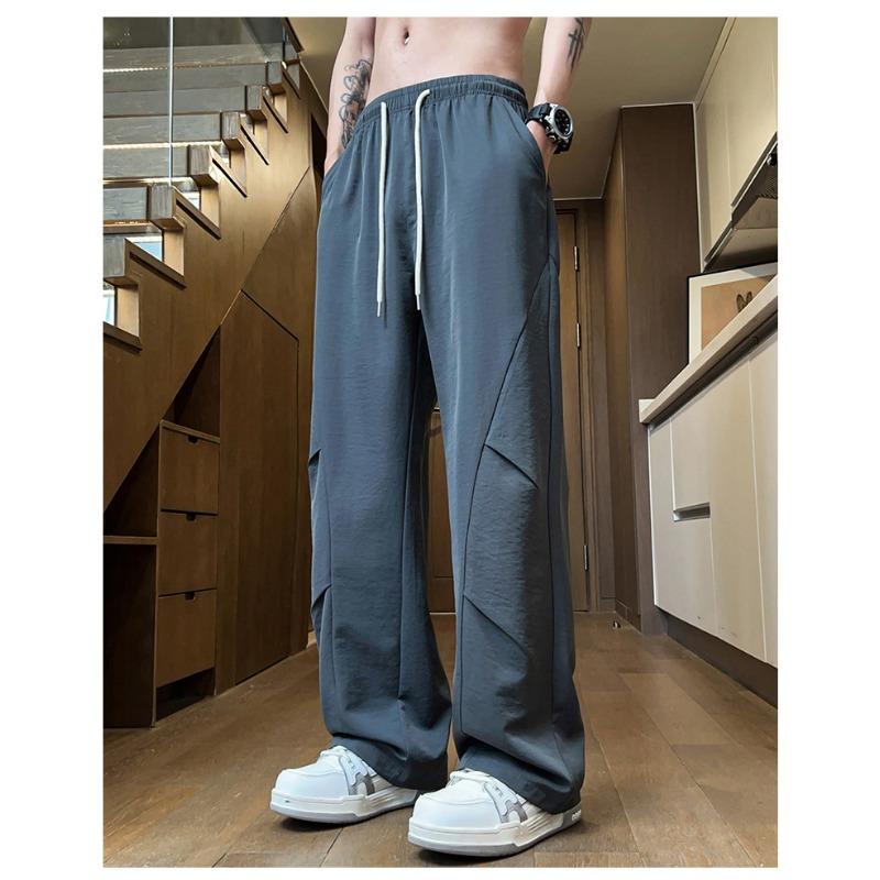 Men's Beige Wide Leg Drawstring Cargo Pants - Oversized Streetwear Baggy Trousers with Pockets