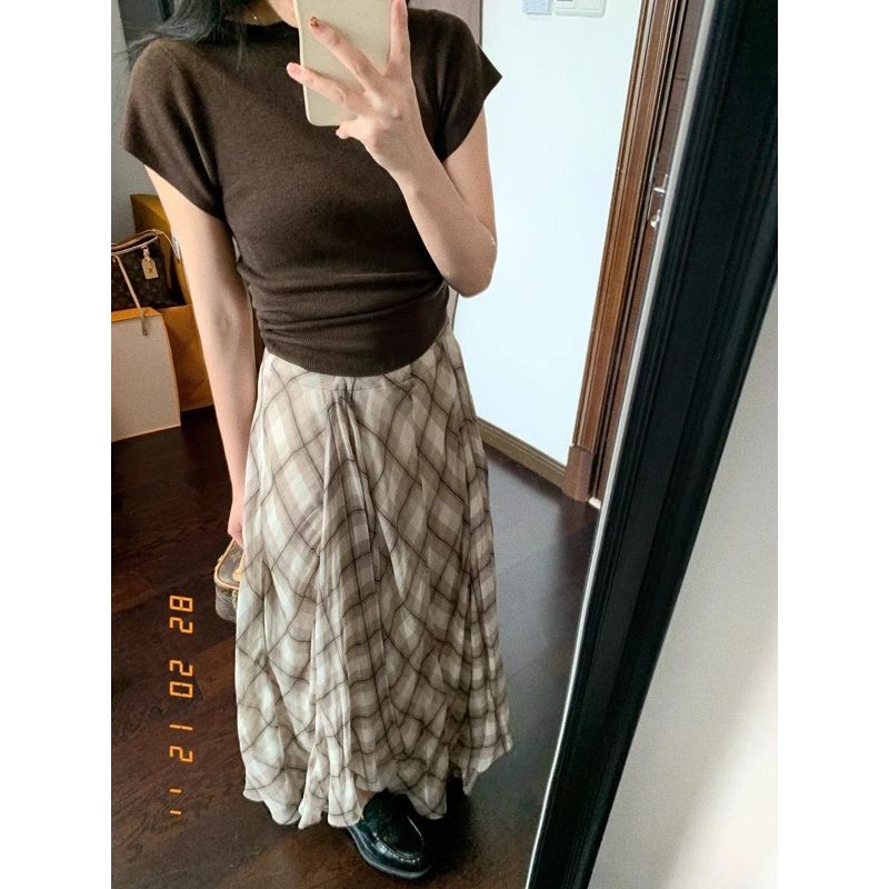 Kumikumi Stylish Contrast Color Check Asymmetrical Skirt Women's Autumn Retro High Waist A- Line Skirt Large Swing Skirt