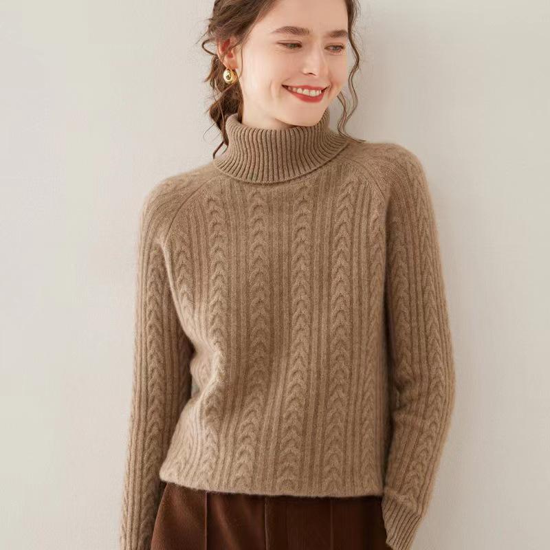 Women's High Neck Wool Cable Knit Sweater - Thick, Solid Color Base Layer, Warm Cashmere Knitwear for Autumn and Winter.
