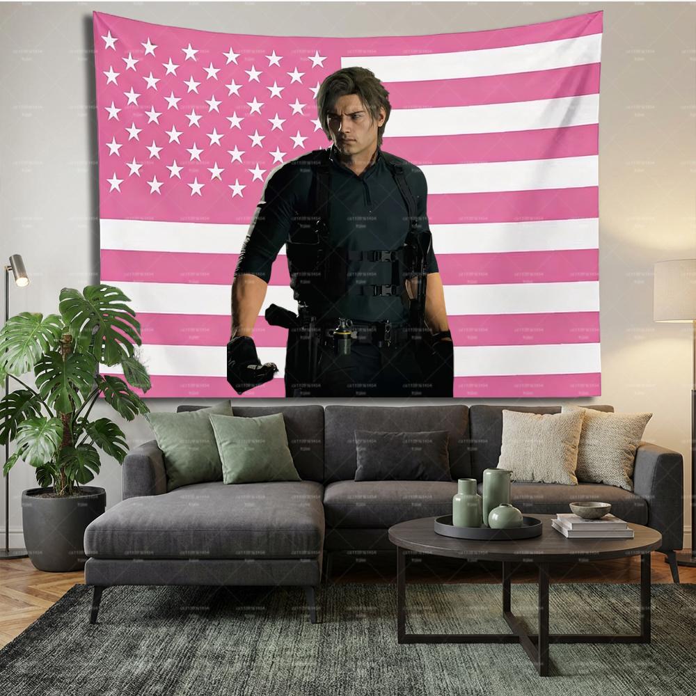 R-Resident E-Evil Leon Kennedy Pink US Flag Large Tapestry, Wall Tapestry for Bedroom Dorm Decor, Gift for RE Fans