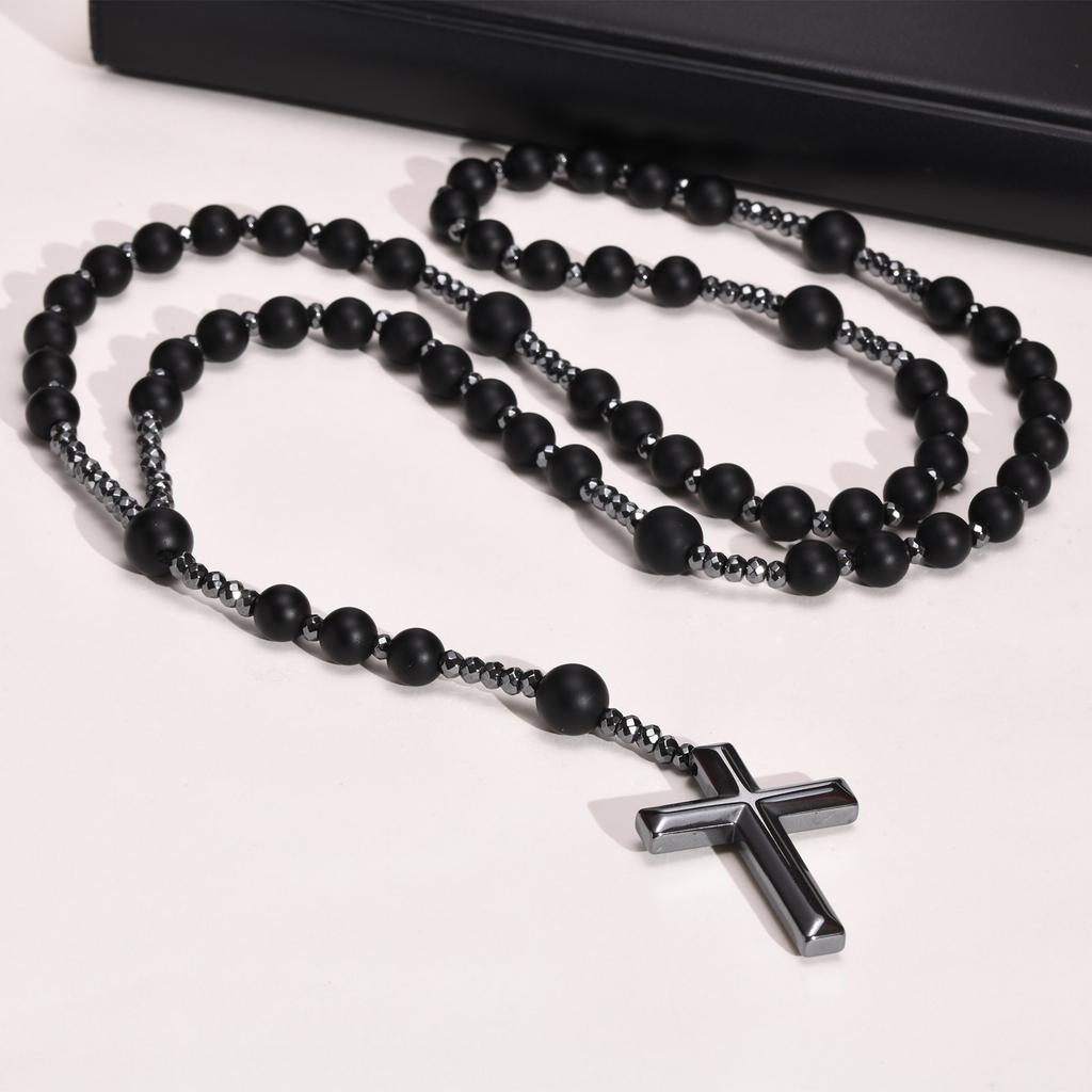 Mprainbow Mens Cross Rosary Necklaces, Hematite Pendant with 70cm Black Beaded Long Chain, Religious Faith Prayer Jewelry