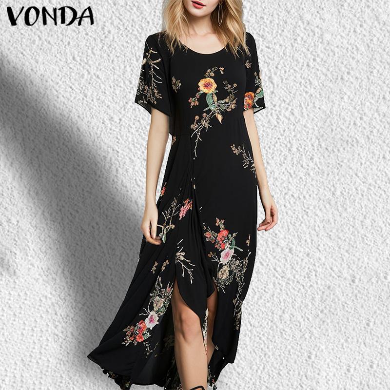 

VONDA женское черное длинное платье с коротким рукавом и цветочным принтом
