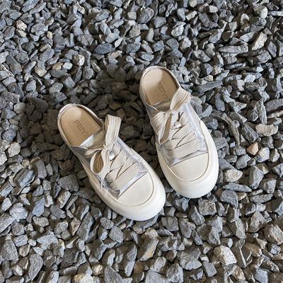 Lazy Bag Head Half Slippers, Satin Platform White Shoes Lace Up, Lazy Board Shoes Sandals Women