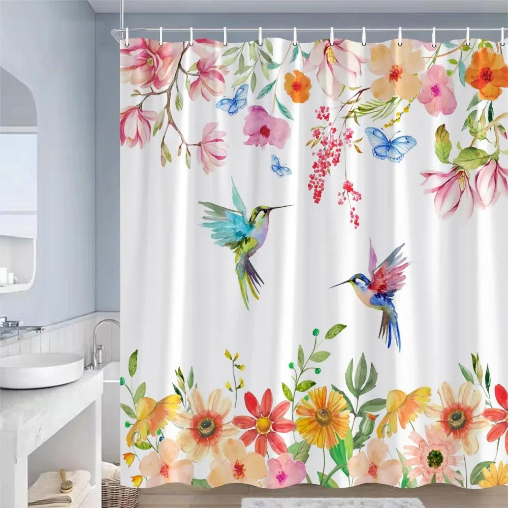 Spring Floral Hummingbird Shower Curtain for Bathroom Watercolor Flowers Birds Fabric Bath Curtains Modern Art Decor with Hook