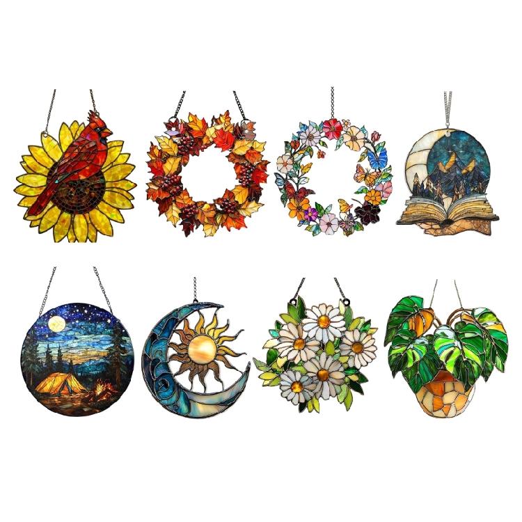 Appeso Finestra in Vetro Colorato Uccelli in Vetro Colorato Girasoli Sun Catchers Decorazioni per Finestre Interne con Catena