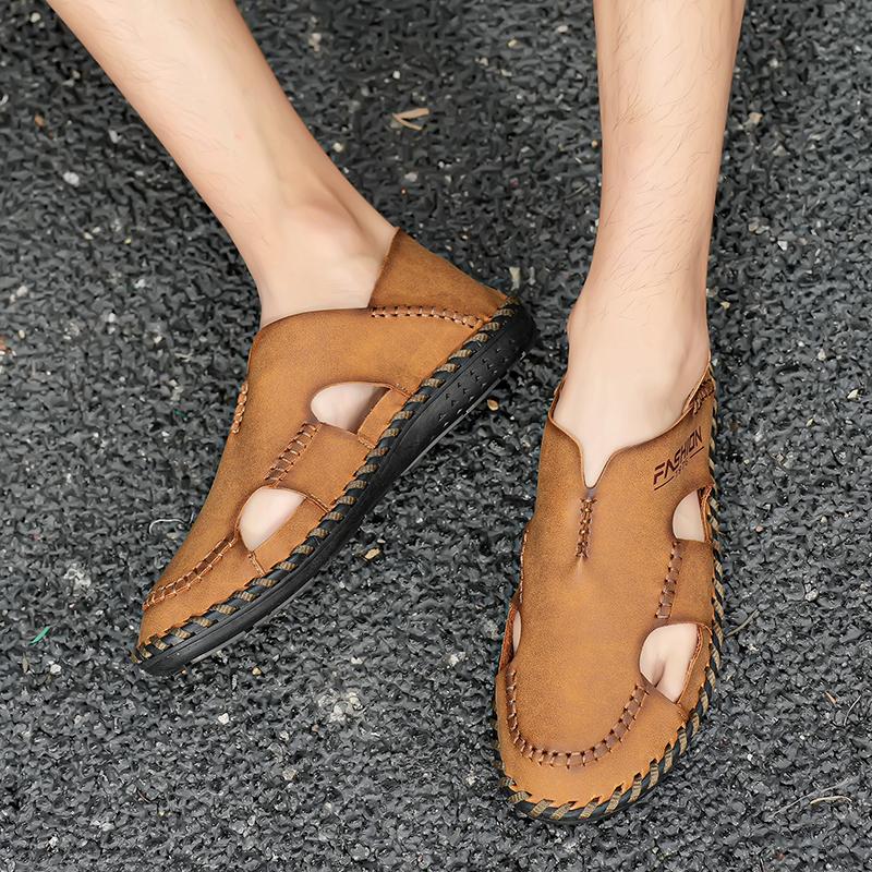 Мужские сандалии черные кожаные кроссовки для походов с закрытым носком — фото 9