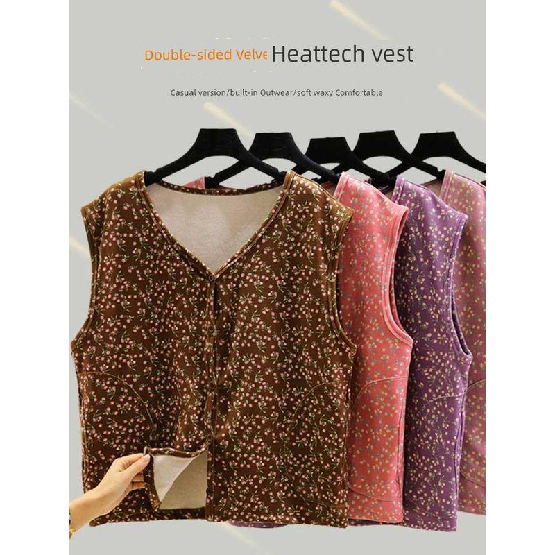 Double-Sided Dralon Floral Warm Waistcoat Middle-Aged and Elderly Fleece-lined Buckle Vest Thick Sleeveless Mom Wear Cold-Proof Vest