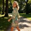 Women 3/4 Sleeve V Neck Tunic Dressy Casual Printed Summer Top Loose Fit Pullover Blouse Mini Dress Tee