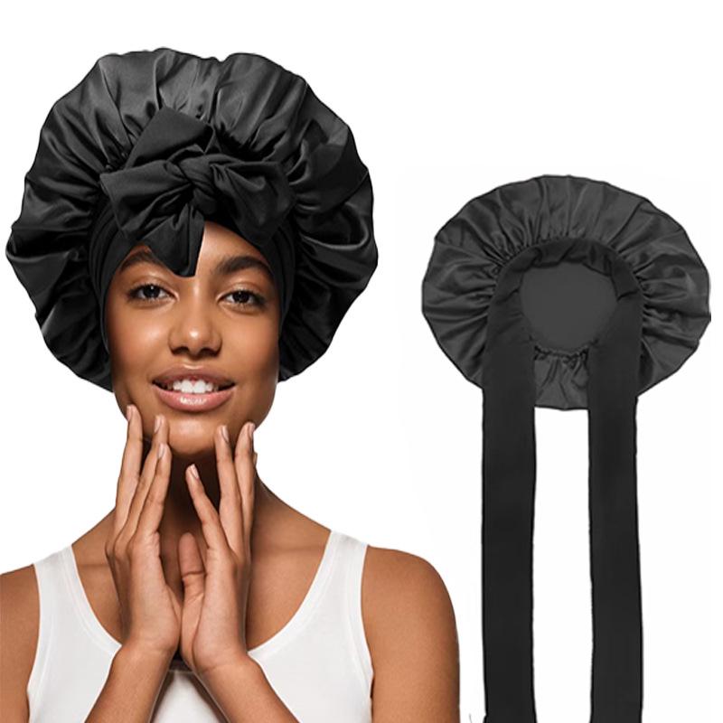 Silky Satin Sleep Cap with Tie-Up Ribbon for Women - Hair Care Hat