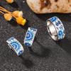 Silver Plated Blue & White Enamel Flower Pattern Ring, Vintage Turkish Art Inspired Band Ring for Women