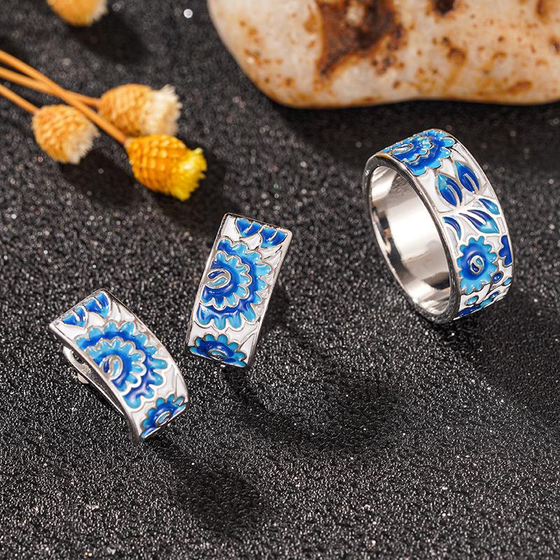 Silver Plated Blue & White Enamel Flower Pattern Ring, Vintage Turkish Art Inspired Band Ring for Women