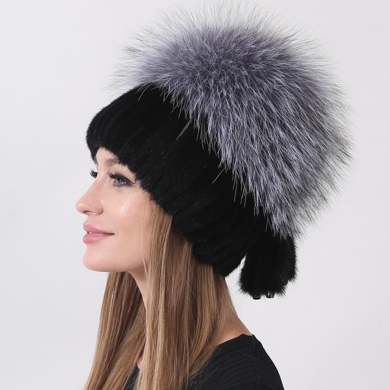 

Новая зимняя вязаная шапка из натурального меха норки с помпоном и 5 хвостами, модная стильная теплая зимняя уличная шапка с бриллиантами, женская кепка One Size чёрный