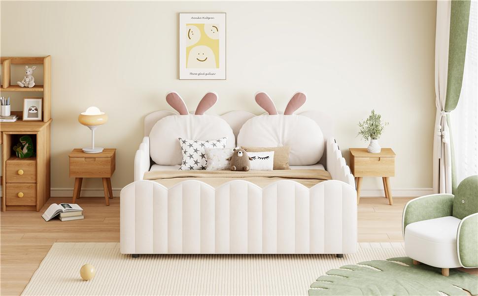140x200 Upholstered Platform Bed with Rabbit-Shaped Cushion, Beige